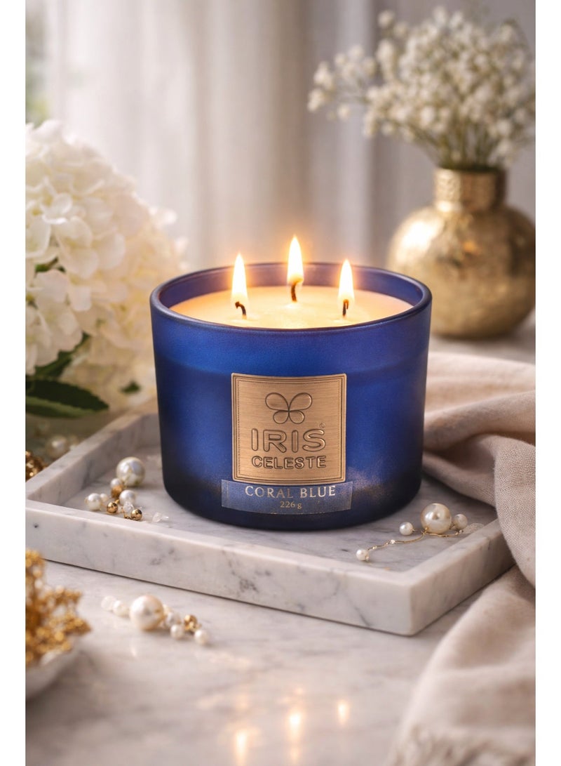 IRIS CELESTE Coral Blue Jar Candle with lid - 226grams, 3 Wick Scented Candle 8oz | Cal RefreshingFragrance | Perfect for festivities, Gifting, Ceremonies, Meditation & Room Perfuming - Image 2
